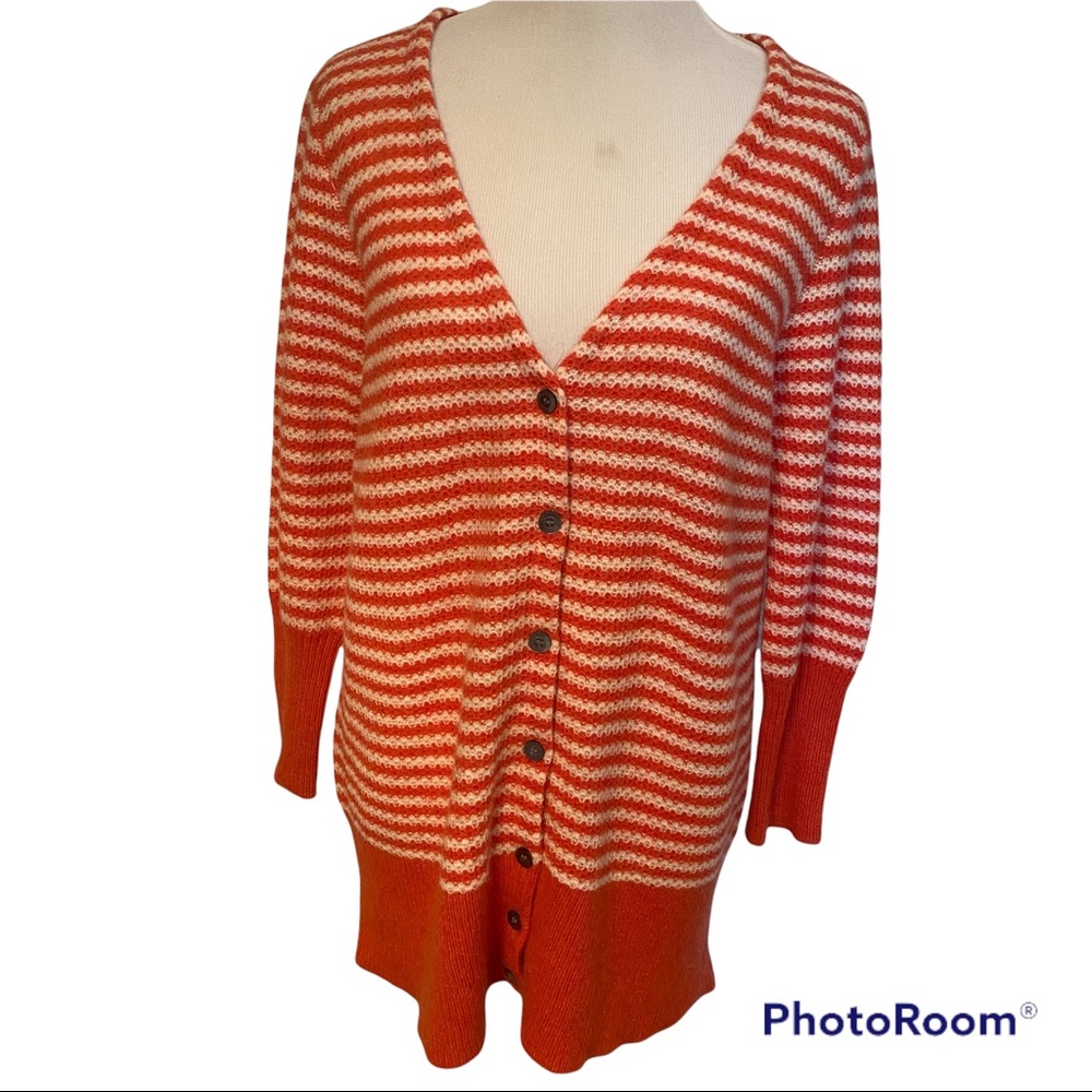 SUNDANCE SWEATER CARDIGAN ORANGE WHITE STRIPE V-NECK LONG SLEEVE SIZE MP PETITE